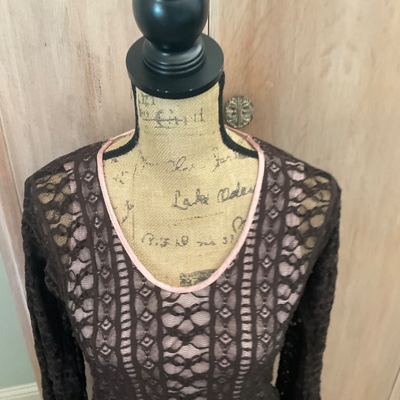 Cernei Y2K sheer long sleeve lace midi dress over lacy nude brown whimsigoth - Picture 3 of 13